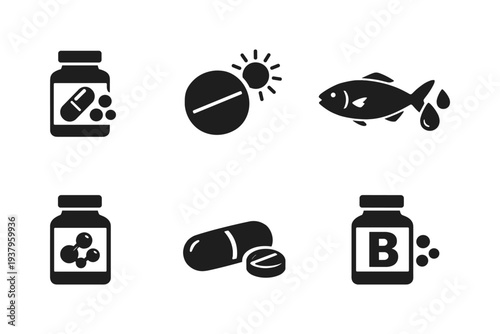 Collection of icons representing vitamins, supplements, and health products