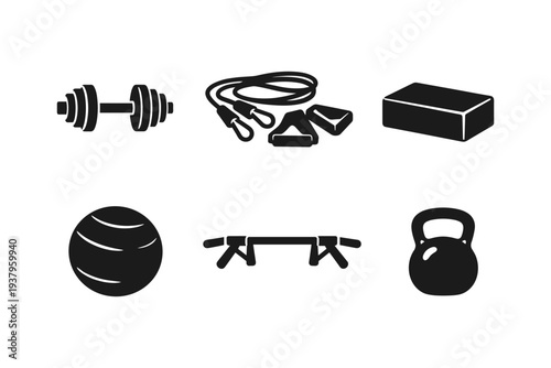 Collection of black fitness equipment icons on a white background for a workout plan