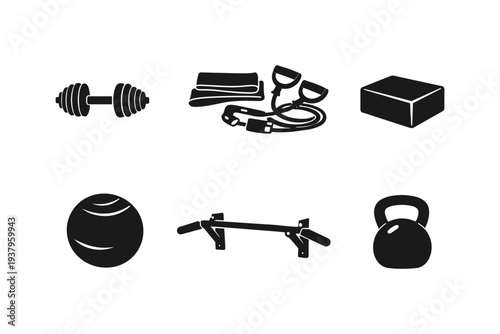 Collection of black fitness equipment icons on a white background for workout routines