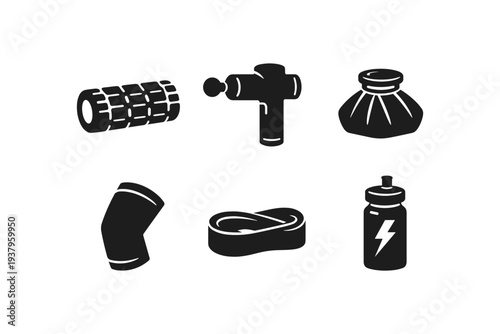 Collection of fitness recovery and workout tools including a massage gun and foam roller