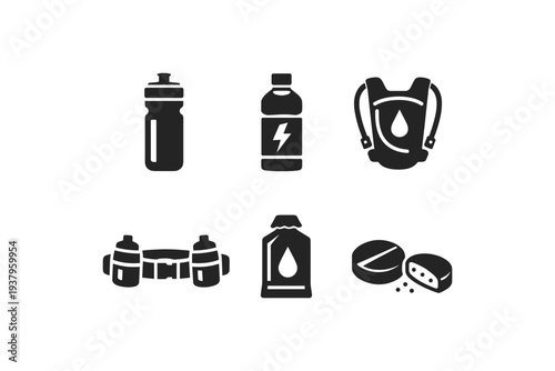 Collection of icons representing hydration and nutrition for athletes and outdoor activities