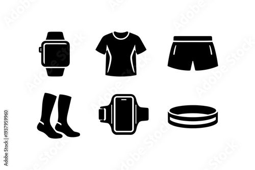 Collection of black icons representing running gear and accessories for athletes