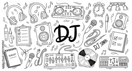 Doodle illustration of DJ equipment and music notes, perfect for creative projects