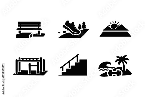 Collection of outdoor fitness and recreation icons including a bench, running, mountains, gym equipment, stairs, and beach workout