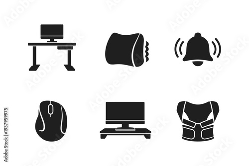 Collection of six black icons representing office and personal items on a white background