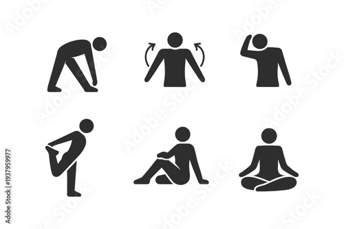 Collection of six simple silhouette icons representing various fitness and yoga poses for health and wellness