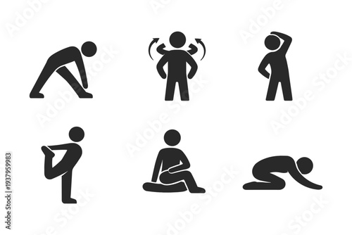Collection of simple black icons representing various yoga and stretching poses for fitness and wellness
