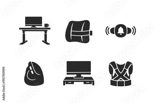 Collection of icons representing ergonomic and comfort items for home and office