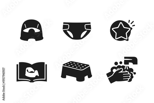 Collection of icons representing baby potty training and hygiene essentials
