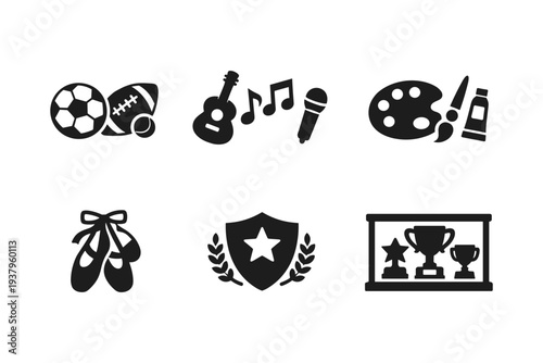 Collection of icons representing sports, music, art, dance, achievement, and awards