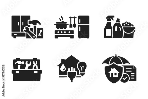 Set of icons representing home maintenance, kitchen, cleaning, and insurance services