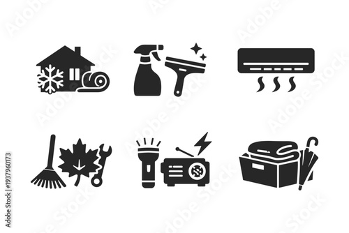 Collection of icons representing home maintenance, cleaning, and emergency preparedness