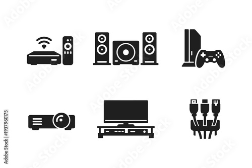 Collection of home entertainment system icons including speakers, console, projector, and TV