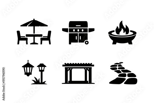 Collection of outdoor living and backyard icons for leisure and entertainment
