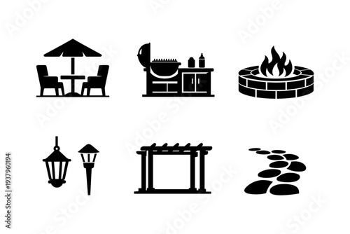 Collection of outdoor living and backyard icons including furniture, grill, fire pit, and path