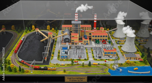 Detailed miniature model of a coal-fired power plant with cooling towers and train.