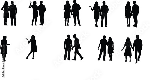 Silhouette people collection, pairs and individuals, human interaction poses, holding hands walking standing, social behavior representation, black silhouettes, visual arts resource
