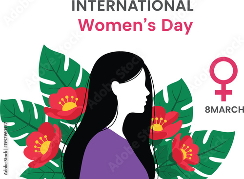 International Women’s Day Illustration with Female Silhouette, Floral Leaves and Feminist Symbol for March 8 Women Empowerment Celebration