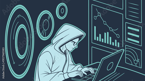 Futuristic cyberpunk hacker working on laptop with graphs and charts in dark room with neon glow