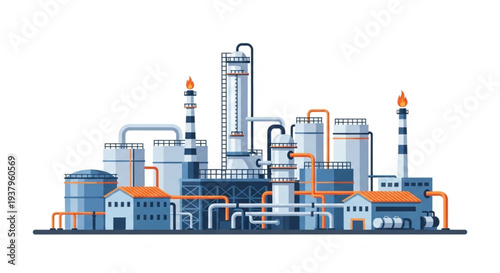 Modern industrial factory complex with pipes and towers.