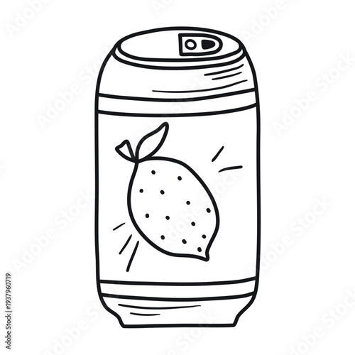 Lemonade tin, doodle sketch style. Hand drawn ink soda packaging. Lemon can, loose drawing, vector graphic