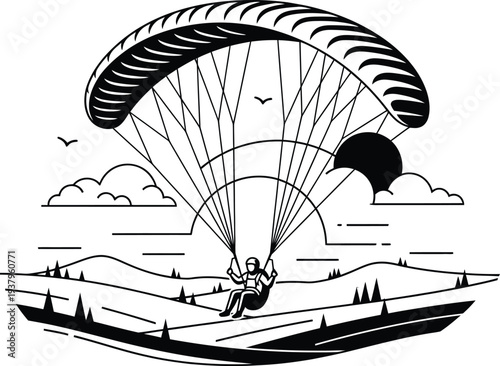 Adventurous Paragliding Flight Over Open Space in Clean Contemporary Vector Illustration Style