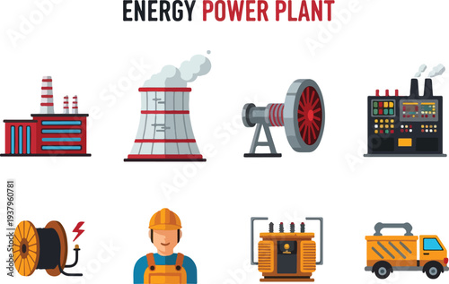 The image displays power plant icons including buildings a turbine a worker a transformer and a truck