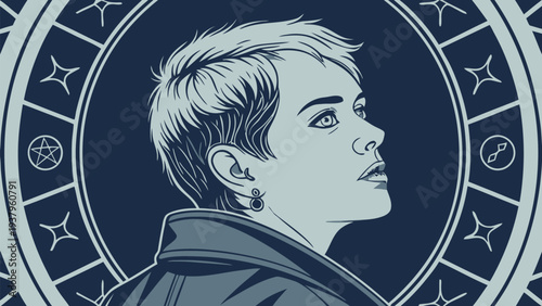 Woman with short hair and earrings in celestial zodiac background digital illustration portrait of a person with astrology symbols