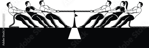 Intense Tug of War Strength Competition Scene in Professional Line Art Vector Format