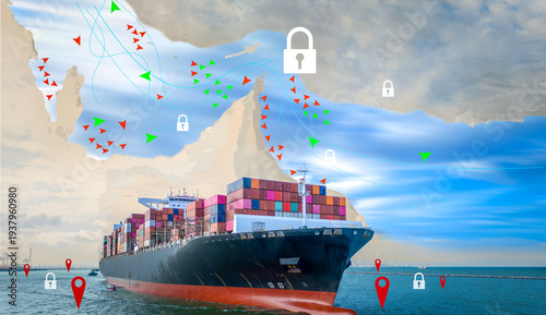 Wallpaper Mural Global trade disruption concept with container ships blocked from entering or exiting the Strait of Hormuz. Maritime blockade and geopolitical tension affecting international supply chain and shipping Torontodigital.ca