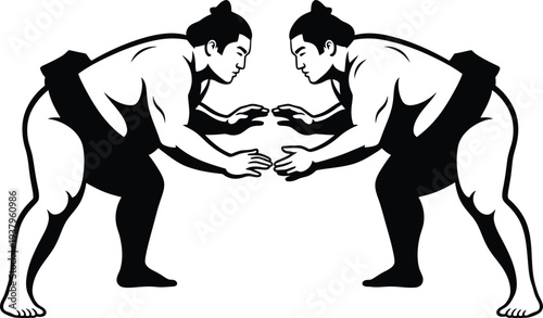 Powerful Sumo Wrestling Championship Battle Silhouette in Bold Monochrome Vector Design 