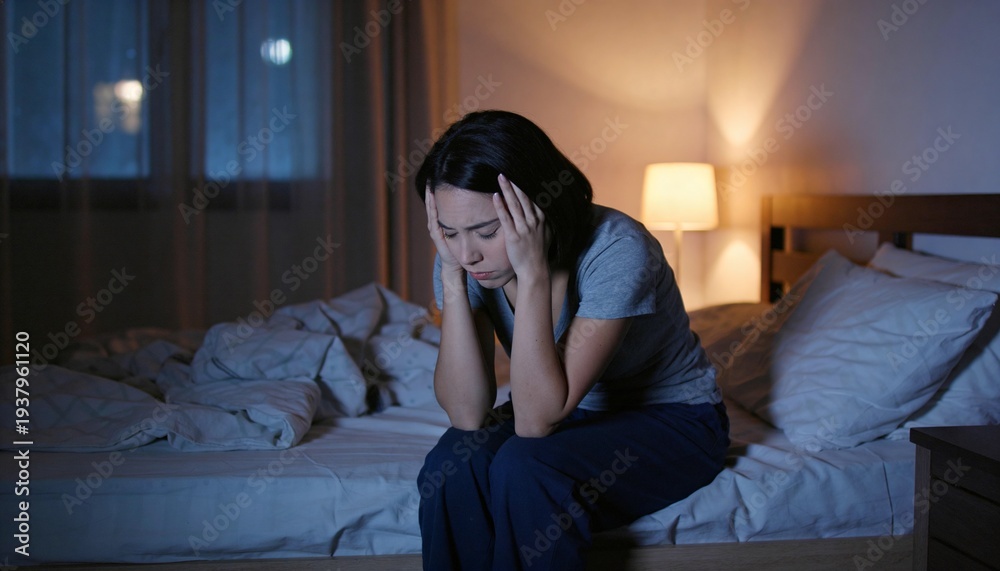 Obraz premium Woman sitting on bed with hands on head, experiencing insomnia and anxiety at night. Sleeplessness concept for mental health.