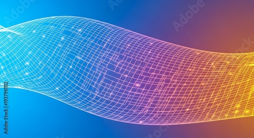 Vibrant, wavy grid pattern transitioning from blue to purple and orange hues, creating a dynamic abstract background.
