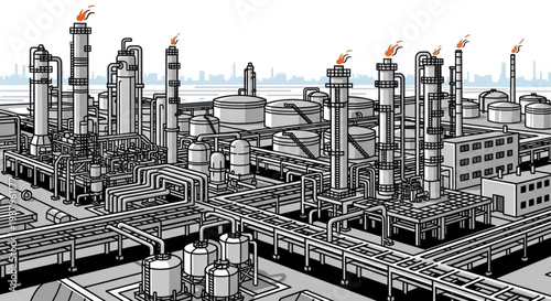 Industrial oil refinery complex with pipes and towers.