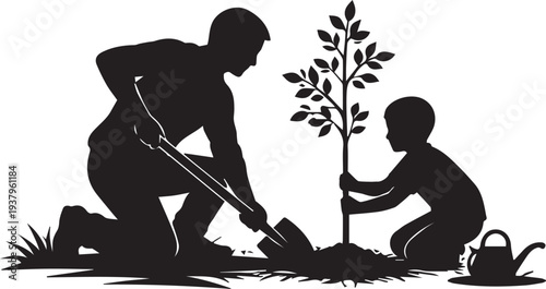 Parent and Child Planting Tree Silhouette Vector Illustration
