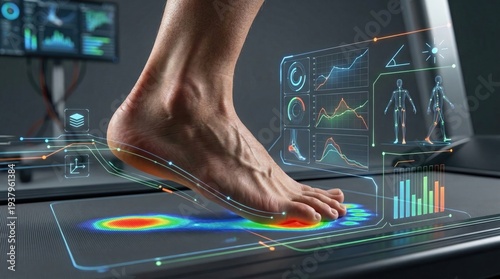 Medical illustration of foot biomechanics analysis in clinical setting health technology visualization interactive environment