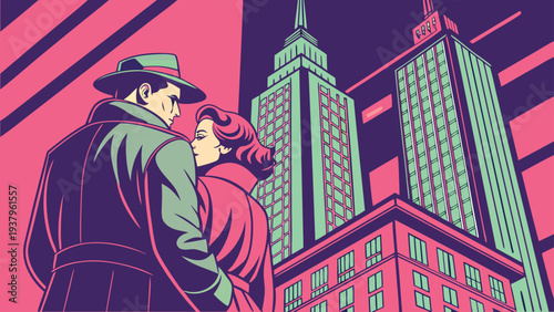 Vintage illustration of a romantic couple embracing in front of iconic skyscrapers at dusk with a stylized Citysearch background