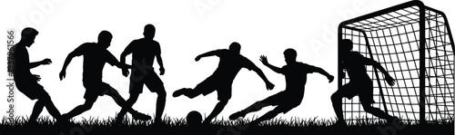 Soccer players silhouette scoring goal scene with goalkeeper and defenders, football match action on grass field isolated vector illustration
