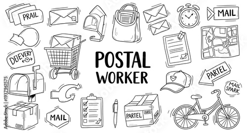 Doodle collection of postal worker elements and mail delivery symbols