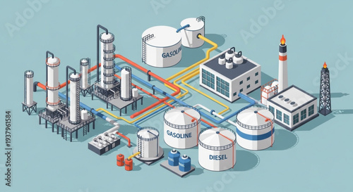 Industrial oil and gas refinery complex with pipelines and storage tanks illustration.