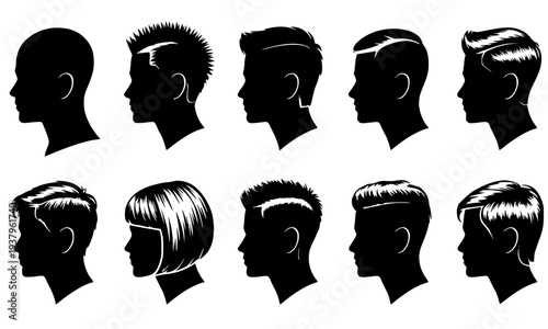 Collection of Black Silhouette Male and Female Head Profiles Featuring Various Trendy Hairstyles, Barbershop and Salon Vector Illustration for Hair, Beauty, and Fashion Design Projects