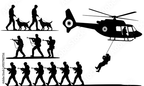Black Silhouette Set of Military Soldiers in Action Poses with Combat Helicopter and Police Handler with Dog, Army Vector Illustration for Defense, Security, and Military Design Projects