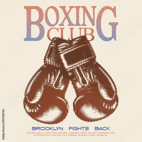 Vintage Retro Boxing Club T-Shirt Design with Halftone Dotted Boxing Gloves Illustration, Brooklyn Fights Back Urban Streetwear Graphic for Apparel, Distressed Aesthetic Sports Poster Vector.