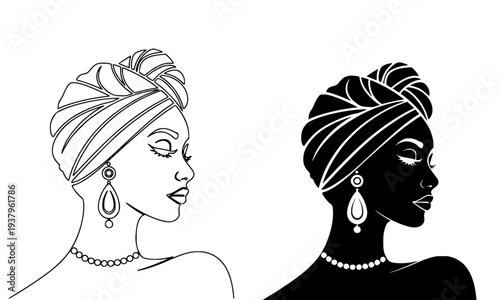 Elegant African Woman Portrait in Two Styles, Line Art and Black Silhouette, Wearing Traditional Head Wrap and Jewelry, Vector Illustration for Fashion, Beauty, and Ethnic Design Projects