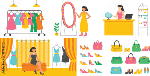 Minimalist hand drawn line art vector of a woman trying on dresses in a boutique fitting room.