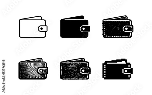 Collection of six wallet icons in various artistic styles and formats