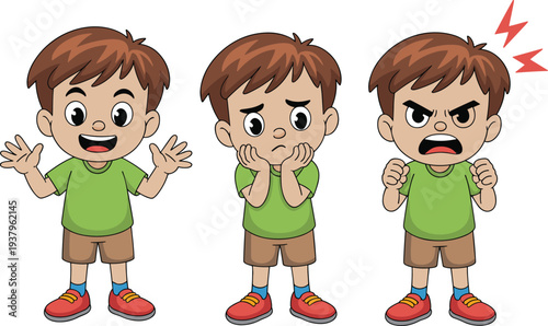 Cartoon Boy Emotions Set Showing Happy Nervous and Angry Expressions, Kids Facial Reactions and Feelings Characters Collection Vector Illustration Isolated on White