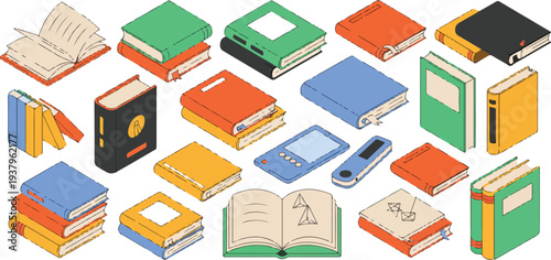 Minimalist hand drawn isometric line art vector of various book stacks and electronic reading devices for education.
