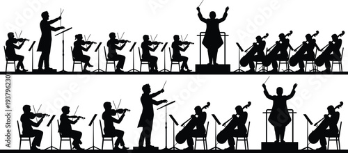 Symphony orchestra musicians and conductor silhouette set with violin and cello players performing classical music concert on stage vector illustration