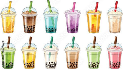 Bubble tea drinks collection with colorful boba milk tea cups and tapioca pearls vector illustration set